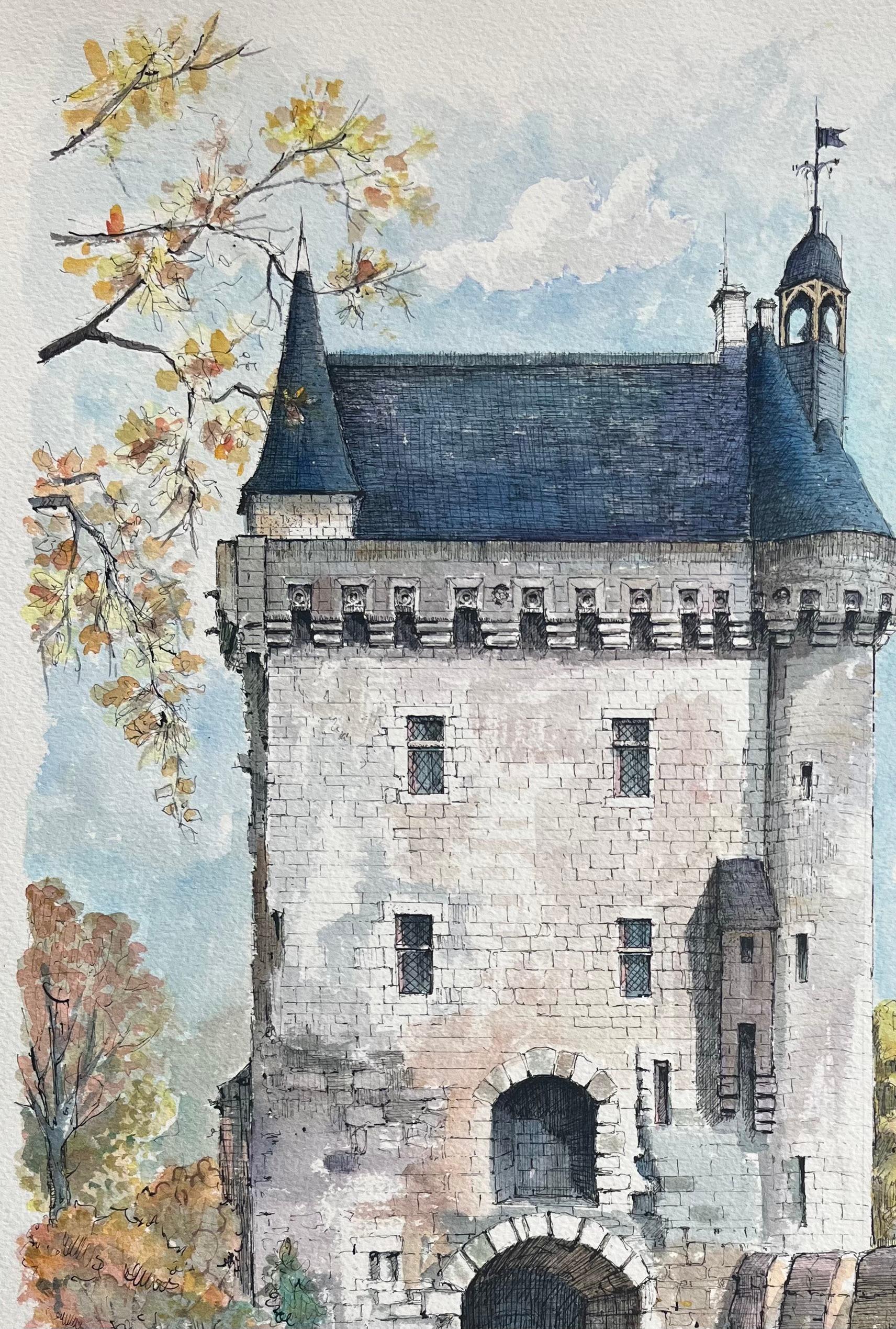 Title: French Watercolor of Chinon: Tour de l'Horloge with Cart Figure
by Robert Lepine (French, 1929 - 2017)
Signed: Yes
Medium: Watercolor painting on artists paper, unframed
Size: 20 x 14.25 (height x width)
Condition: Very good
Provenance: From