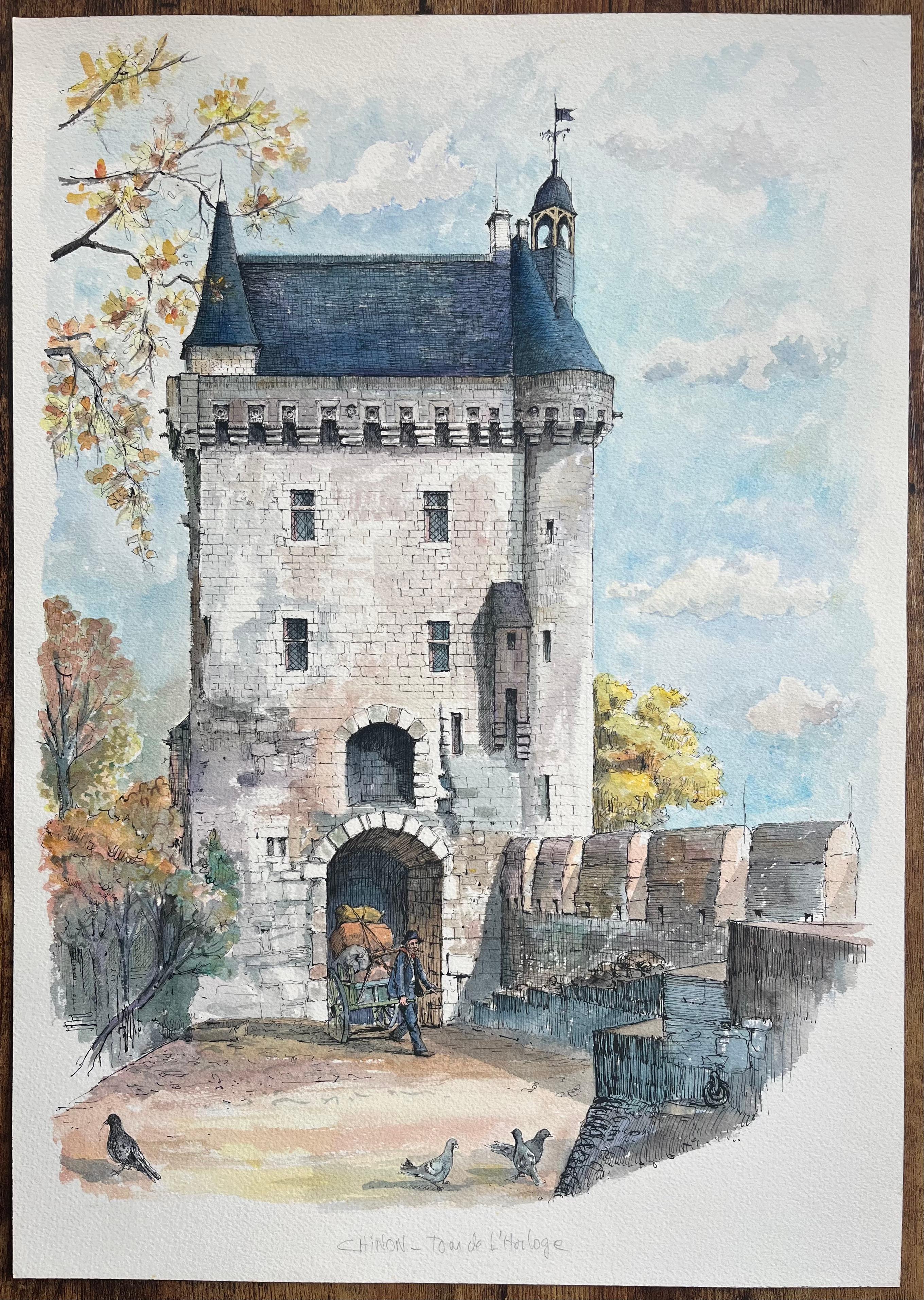 French Watercolor of Chinon: Tour de l'Horloge with Cart Figure - Painting by Robert Lepine (1929 - 2017)