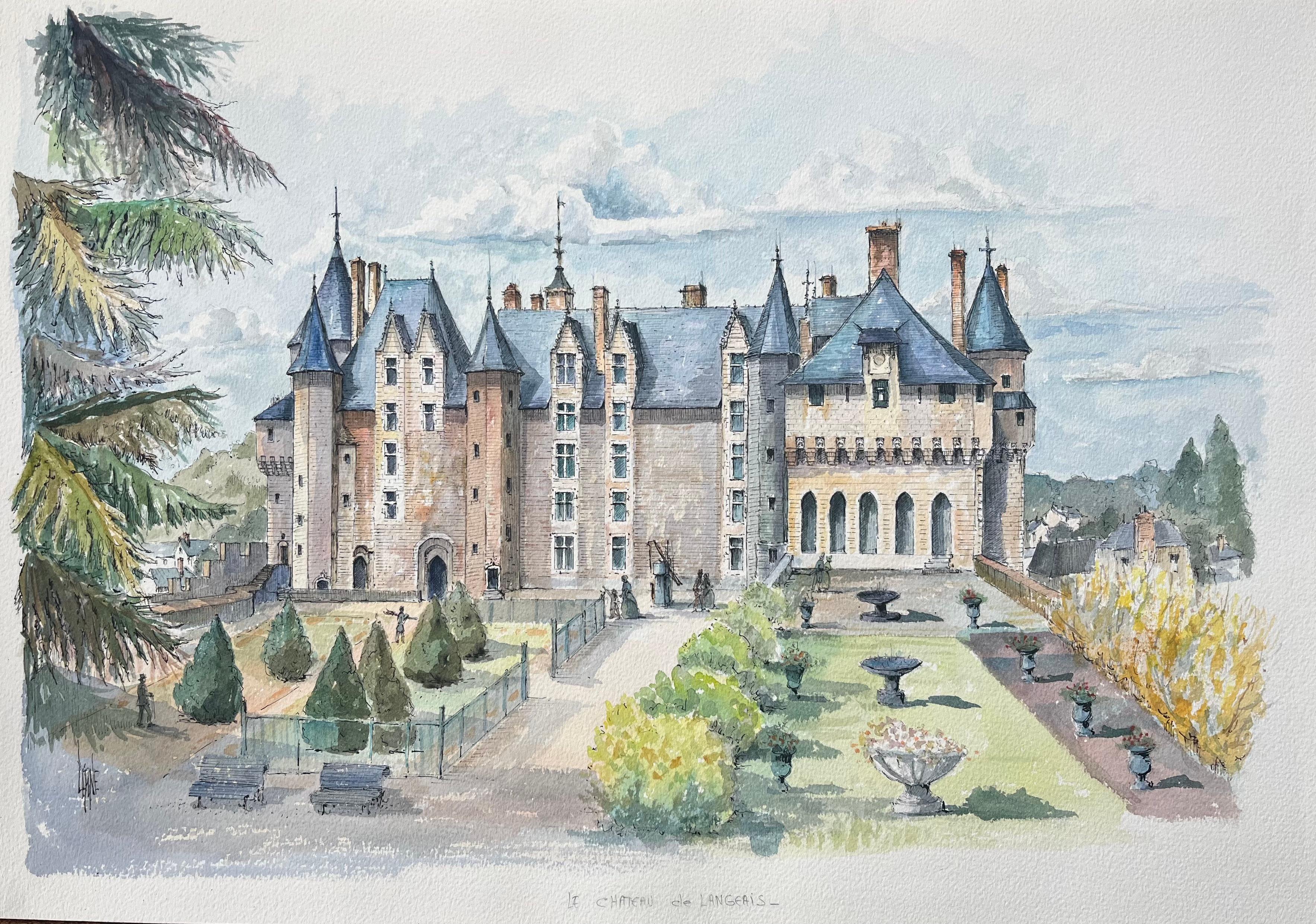 Robert Lepine (1929 - 2017) Landscape Art - French Watercolor of "Château de Langeais" with Gardens and Architectural Detail
