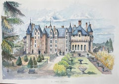 Acuarela francesa del "Castillo de Langeais" con jardines y detalles arquitectónicos