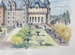 French Watercolor of "Château de Langeais" with Gardens and Architectural Detail