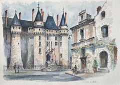 Acuarela francesa del "Château de Langeais" con escena callejera histórica
