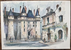 French Watercolor of "Château de Langeais" with Historical Street Scene