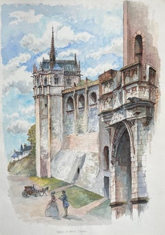 Acuarela francesa de "Amboise: La Chapelle St. Hubert" con carruaje y figuras