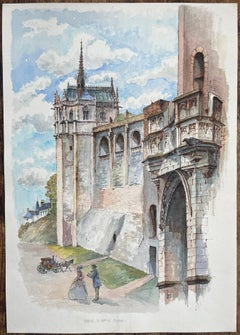 French Watercolor of "Amboise: La Chapelle St. Hubert" with Carriage and Figures
