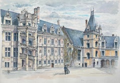 Acuarela francesa de "Blois: L'Escalier François I" con personajes históricos