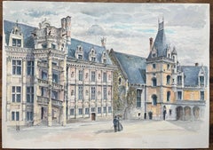 French Watercolor of "Blois: L’Escalier François I" with Historical Figures