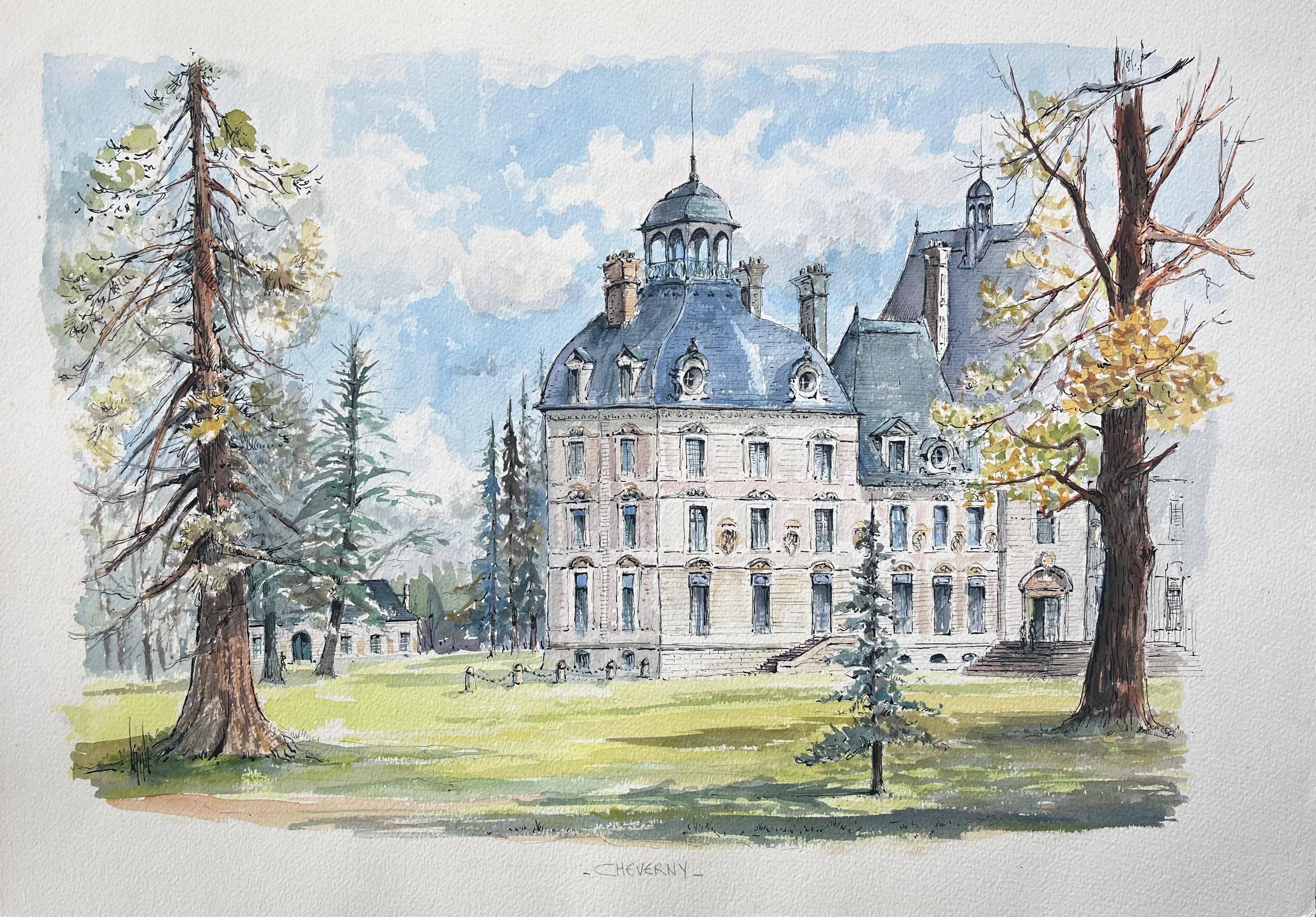 Robert Lepine (1929 - 2017) Landscape Art - French Watercolor of "Château de Cheverny" with Lush Grounds and Towering Trees