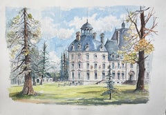 Acuarela francesa del "Château de Cheverny" con exuberantes jardines y altísimos árboles