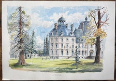 French Watercolor of "Château de Cheverny" with Lush Grounds and Towering Trees