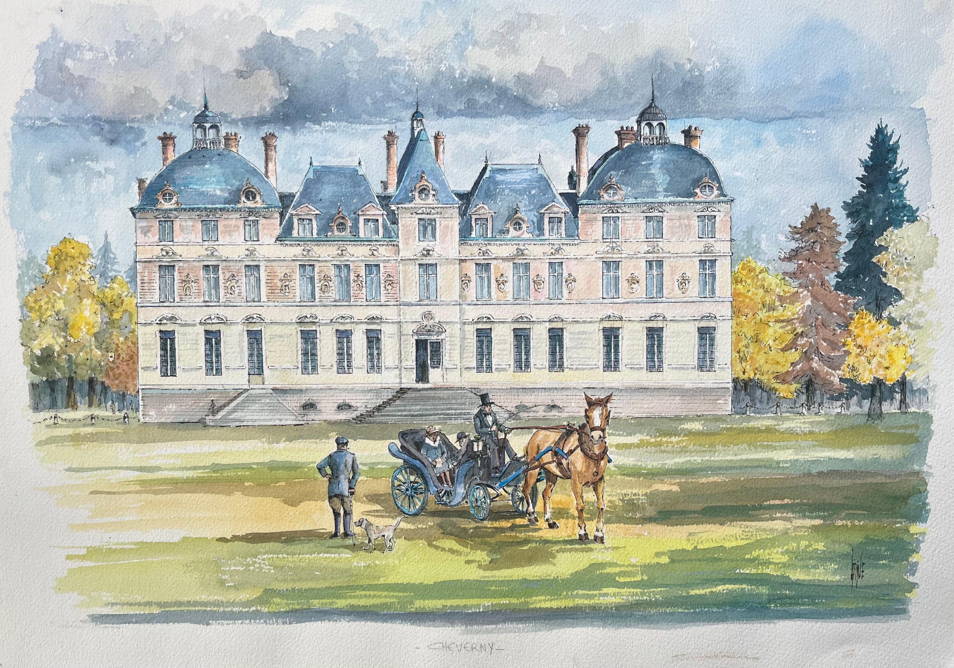 Französisches Aquarell von "Château de Cheverny" mit eleganter Kutschen-Szene