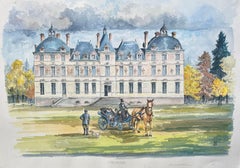 Französisches Aquarell von "Château de Cheverny" mit eleganter Kutschen-Szene
