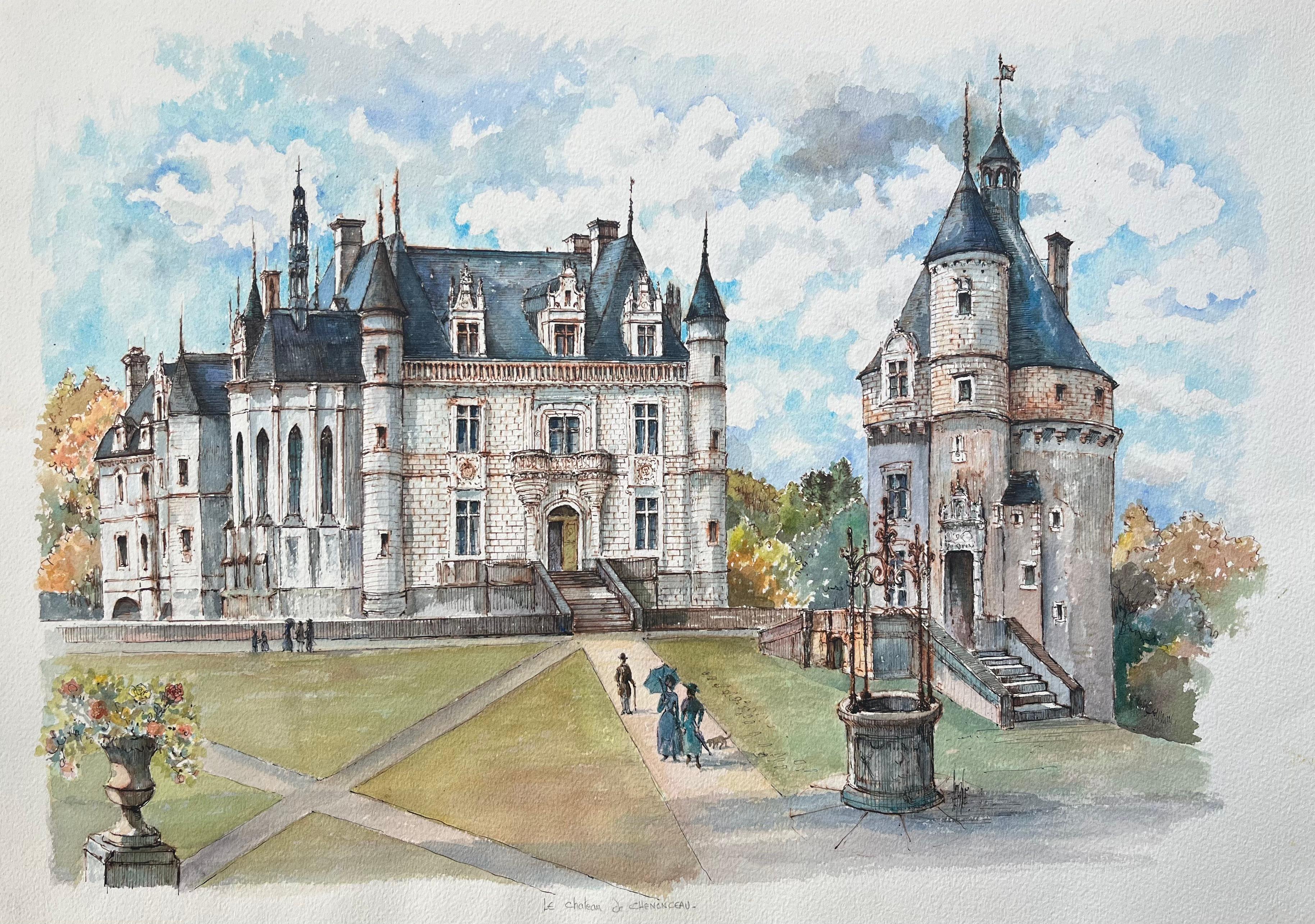Acuarela francesa del castillo de Chenonceau con figuras y pozo del jardín