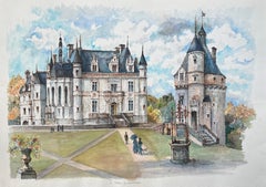 Acuarela francesa del castillo de Chenonceau con figuras y pozo del jardín
