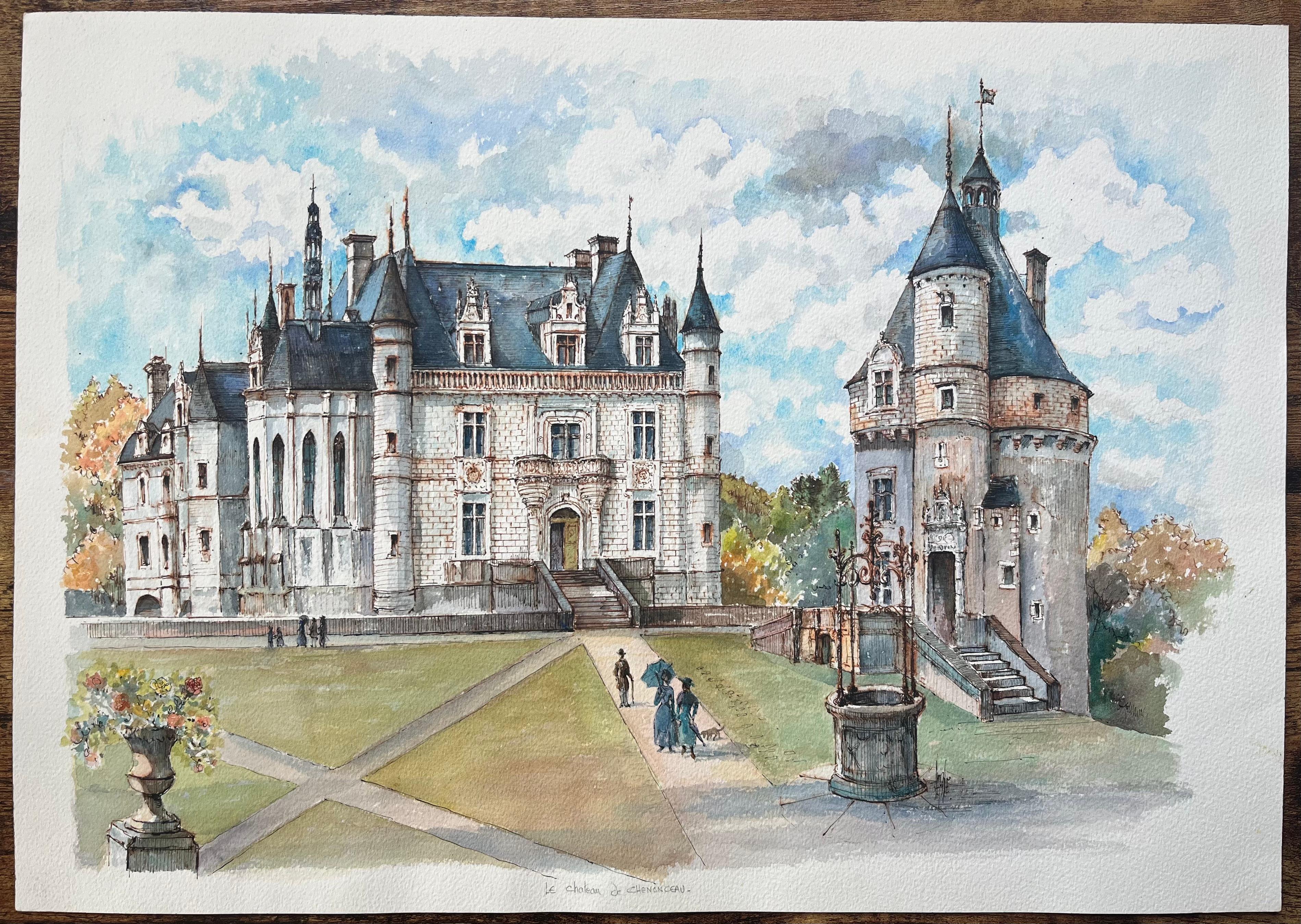 Acquerello francese di Château de Chenonceau con figure e pozzo del giardino - Art di Robert Lepine (1929 - 2017)