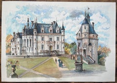 French Watercolor of Château de Chenonceau with Figures and Garden Well