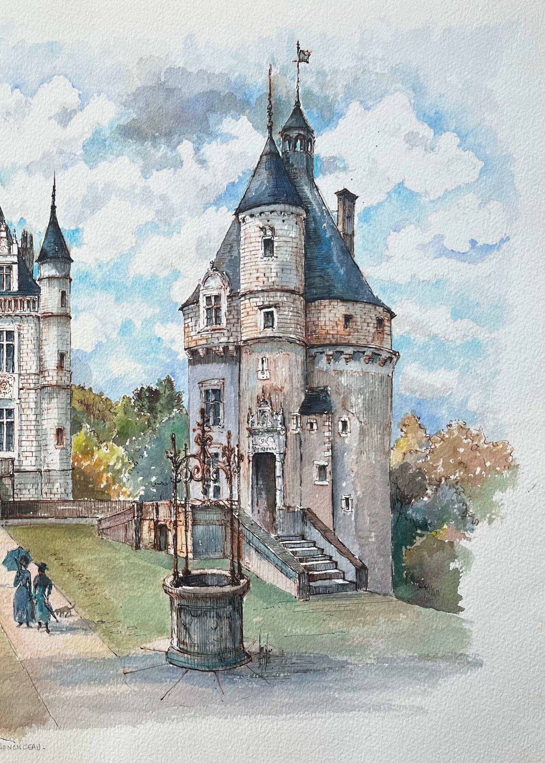 Acquerello francese di Château de Chenonceau con figure e pozzo del giardino - Art Scuola francese di Robert Lepine (1929 - 2017)