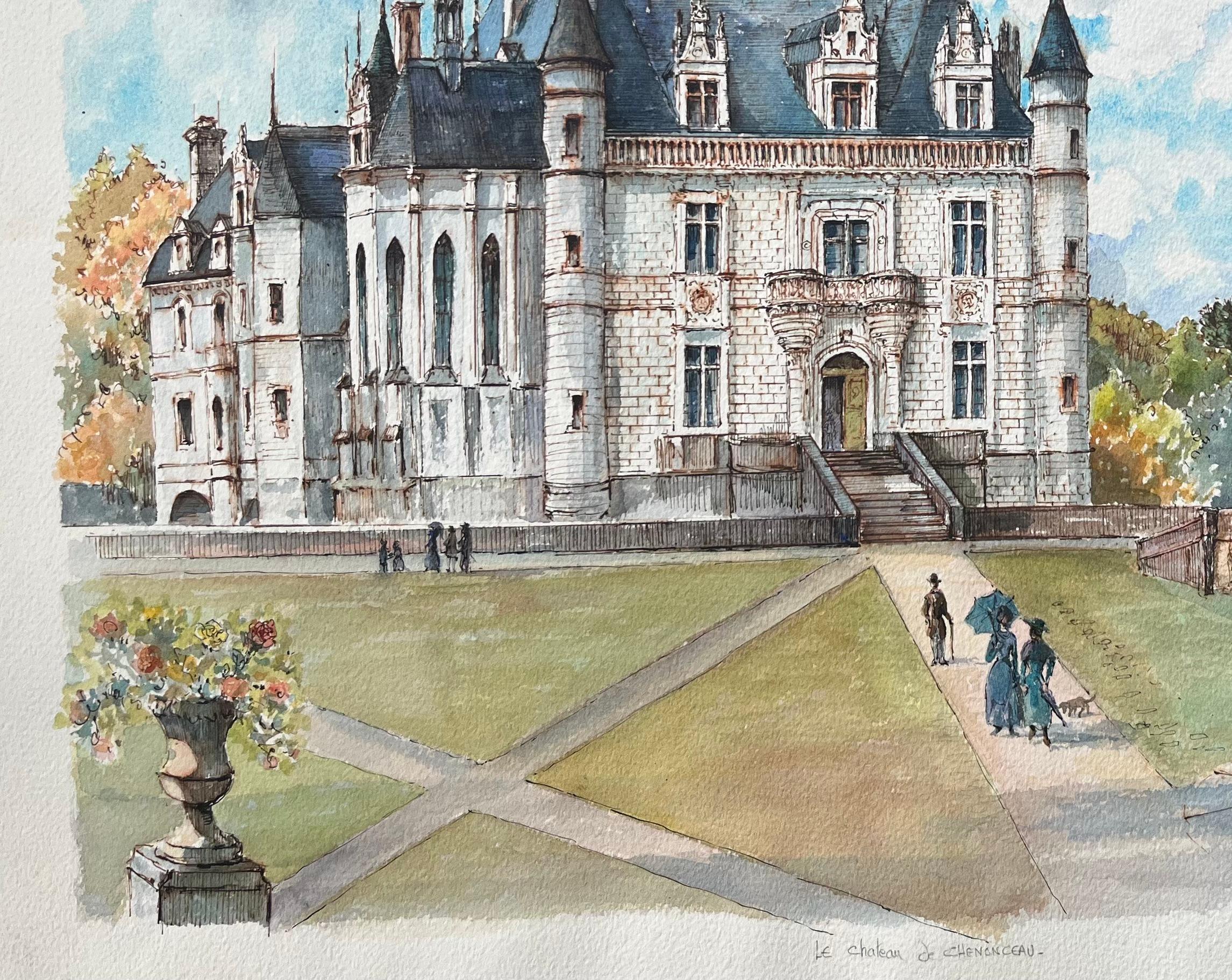 Acquerello francese di Château de Chenonceau con figure e pozzo del giardino - Landscape Art Grigio di Robert Lepine (1929 - 2017)