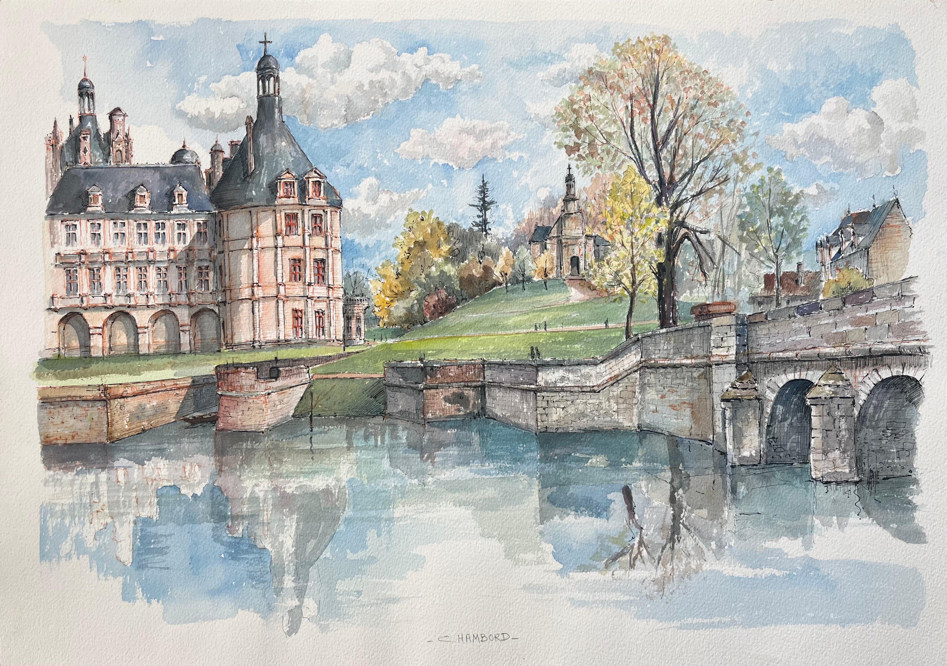 Landscape Painting Robert Lepine (1929 - 2017) - Aquarelle française du château de Chambord avec scène de canal réfléchissante