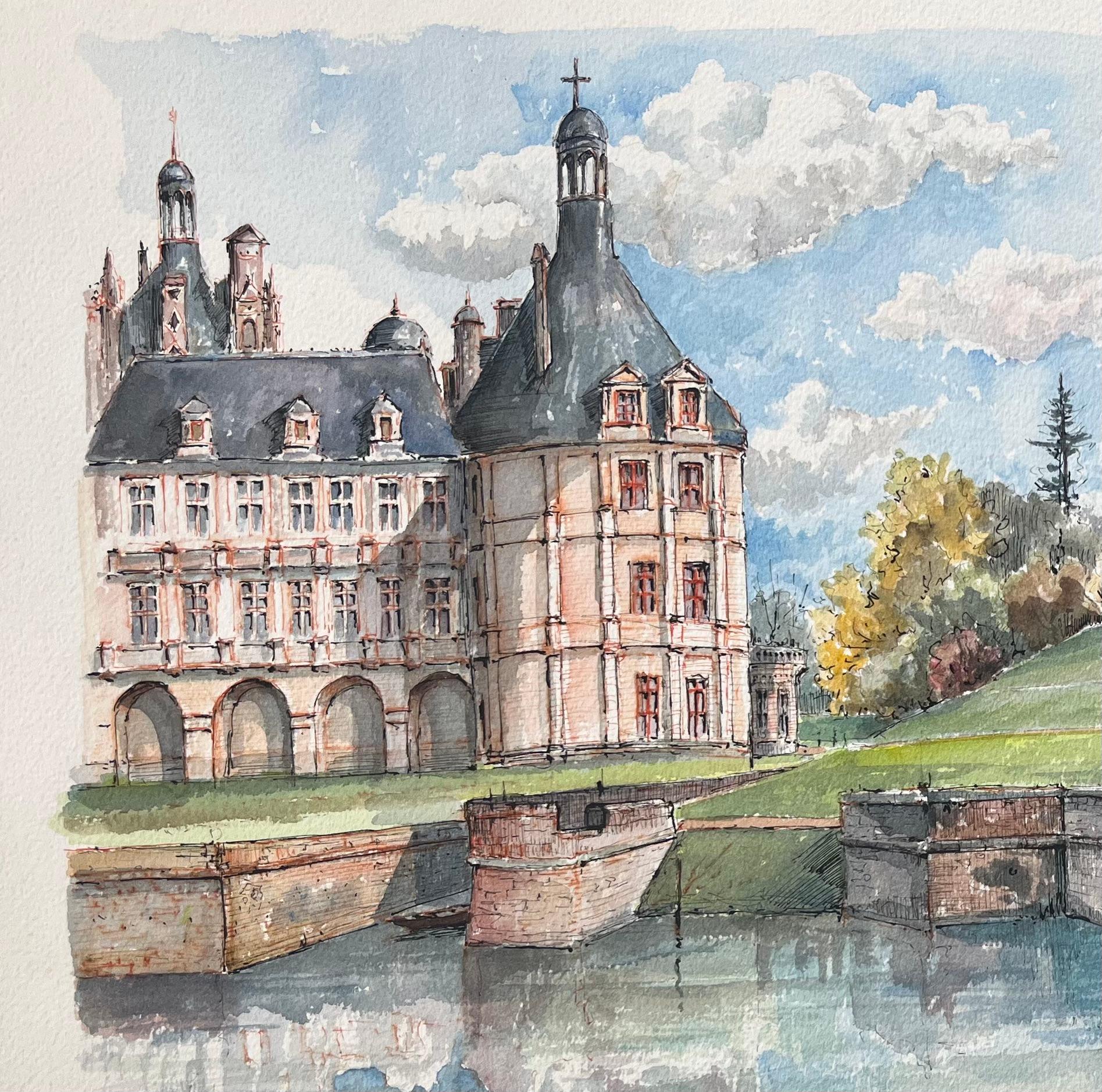 Aquarelle française du château de Chambord avec scène de canal réfléchissante - École française Painting par Robert Lepine (1929 - 2017)