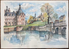 French Watercolor of Château de Chambord with Reflective Canal Scene