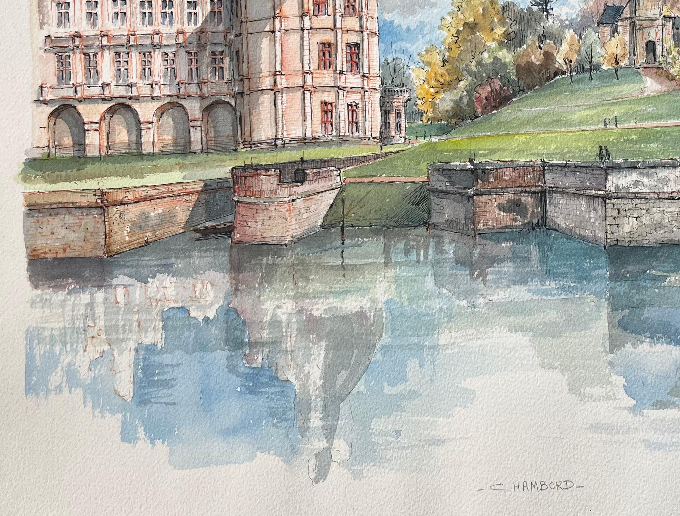 Aquarelle française du château de Chambord avec scène de canal réfléchissante en vente 1