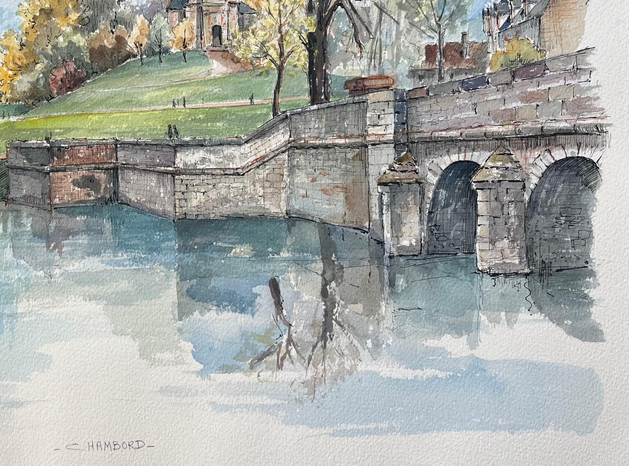 Titre : Aquarelle française du Château de Chambord avec une scène de canal réfléchissante
par Robert Lepine (français, 1929 - 2017)
Signé : Oui
Moyen : Aquarelle sur papier d'artiste, non encadrée
Taille : 14,25 x 20 (hauteur x largeur)
Condit :