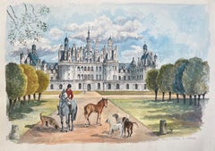 Acuarela francesa del castillo de Chambord con cazador, caballos y sabuesos