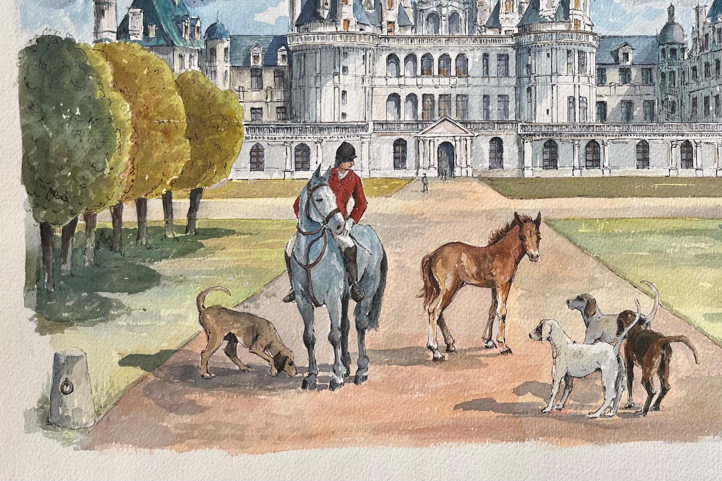 Französisches Aquarell von Château de Chambord mit Jäger, Pferden und Hunden – Art von Robert Lepine (1929 - 2017)
