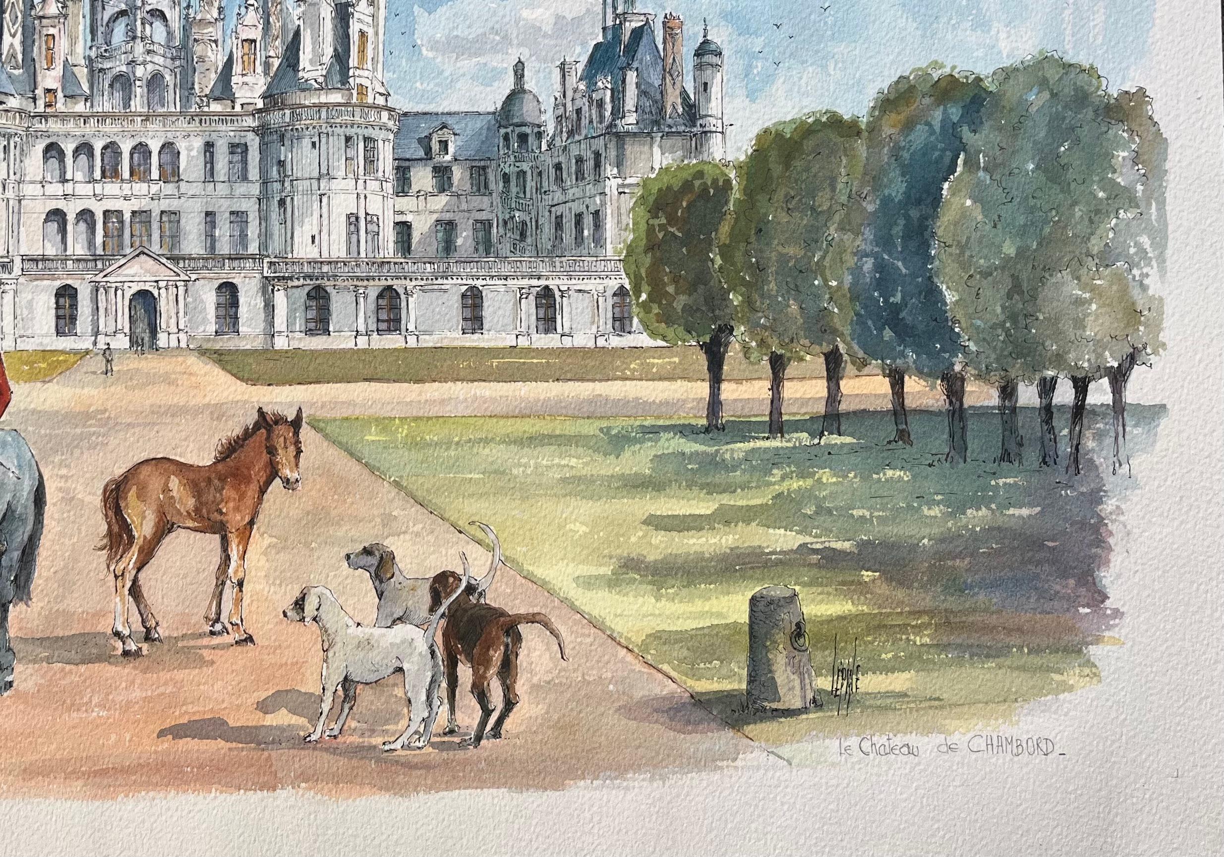 Titel: Französisches Aquarell von Château de Chambord mit Jäger, Pferden und Hunden
von Robert Lepine (Franzose, 1929 - 2017)
Unterschrieben: Ja
Medium: Aquarellmalerei auf Künstlerpapier, ungerahmt
Größe: 14,25 x 20 (Höhe x Breite)
Zustand: Sehr