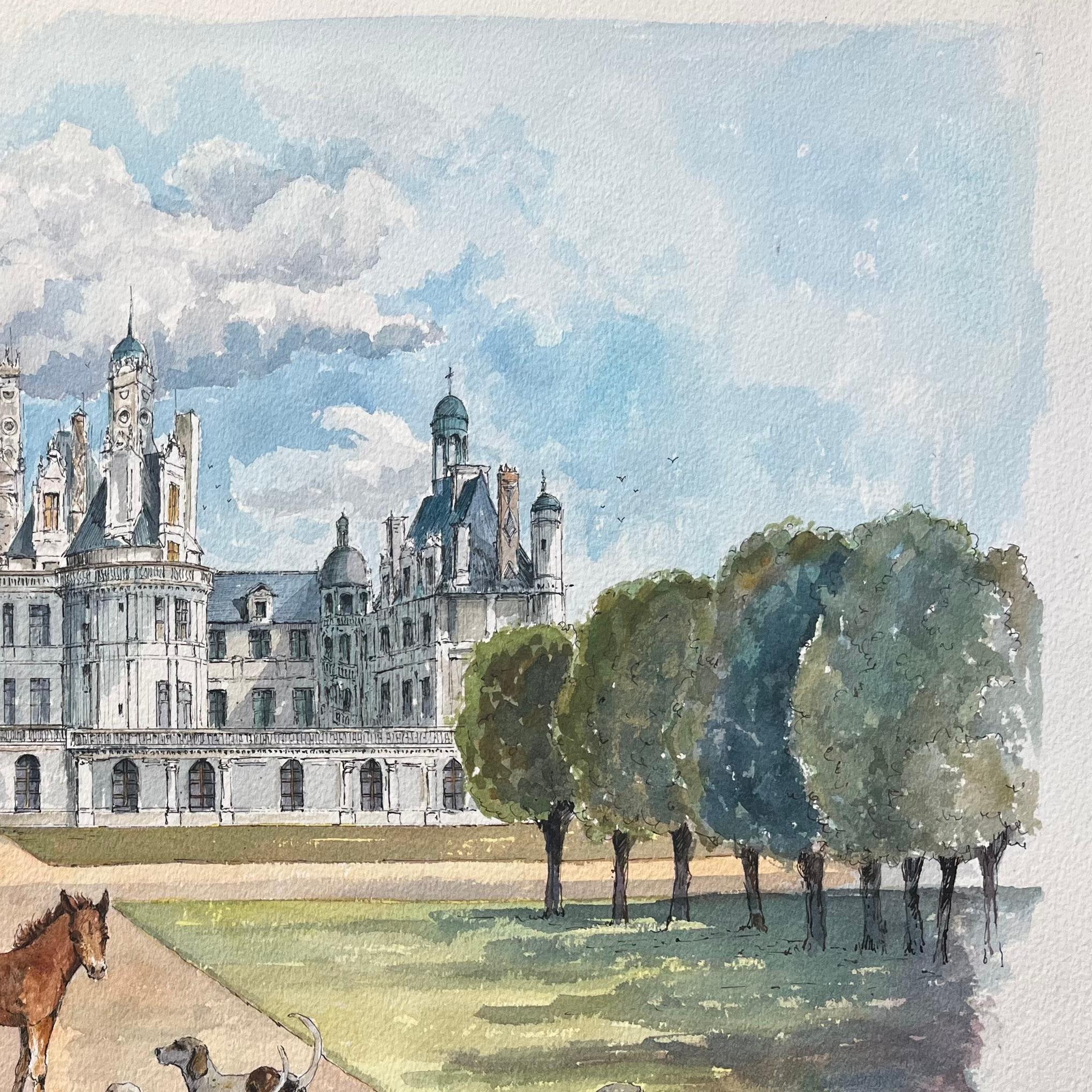 Französisches Aquarell von Château de Chambord mit Jäger, Pferden und Hunden im Angebot 1