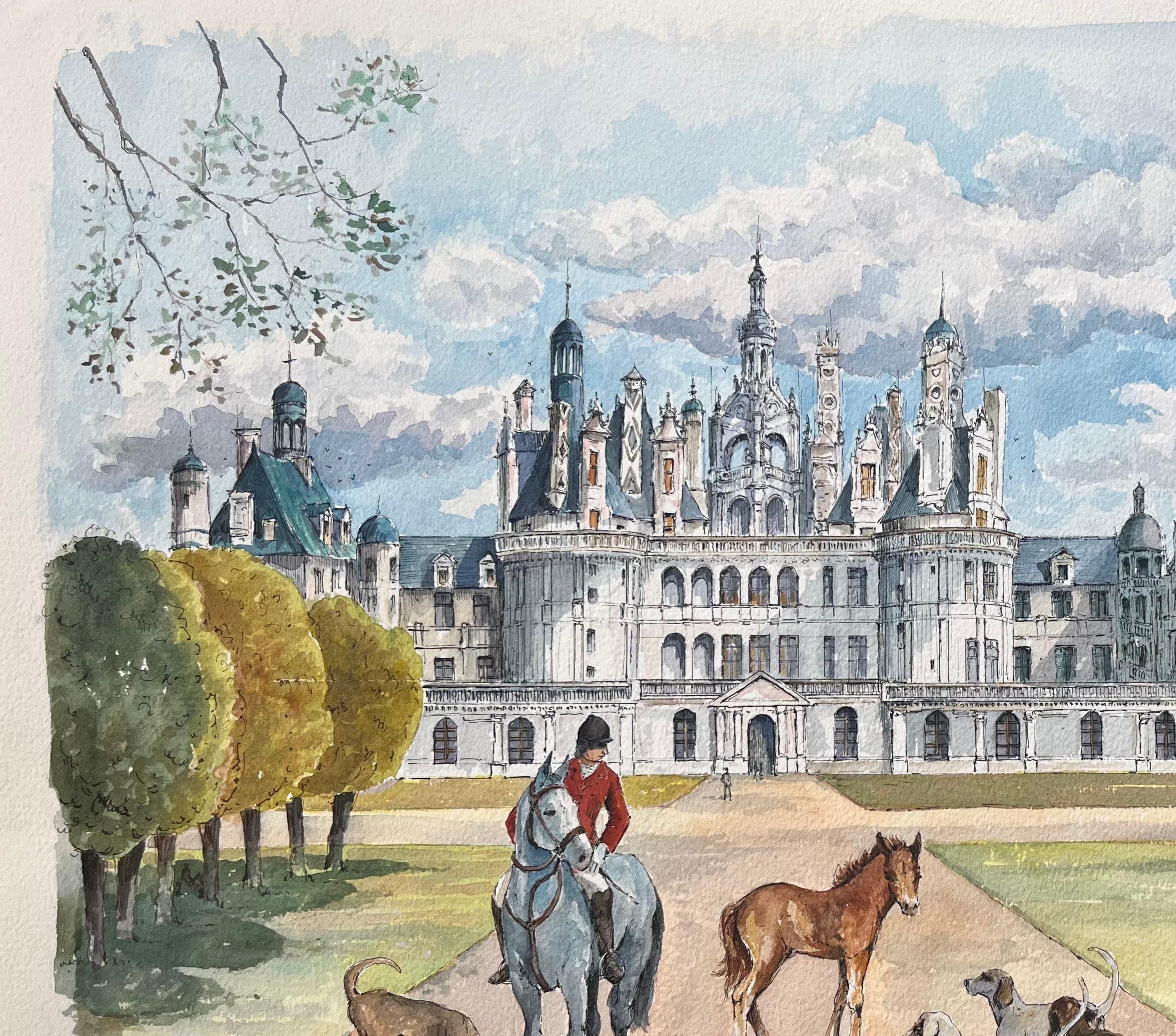 Französisches Aquarell von Château de Chambord mit Jäger, Pferden und Hunden (Grau), Landscape Art, von Robert Lepine (1929 - 2017)