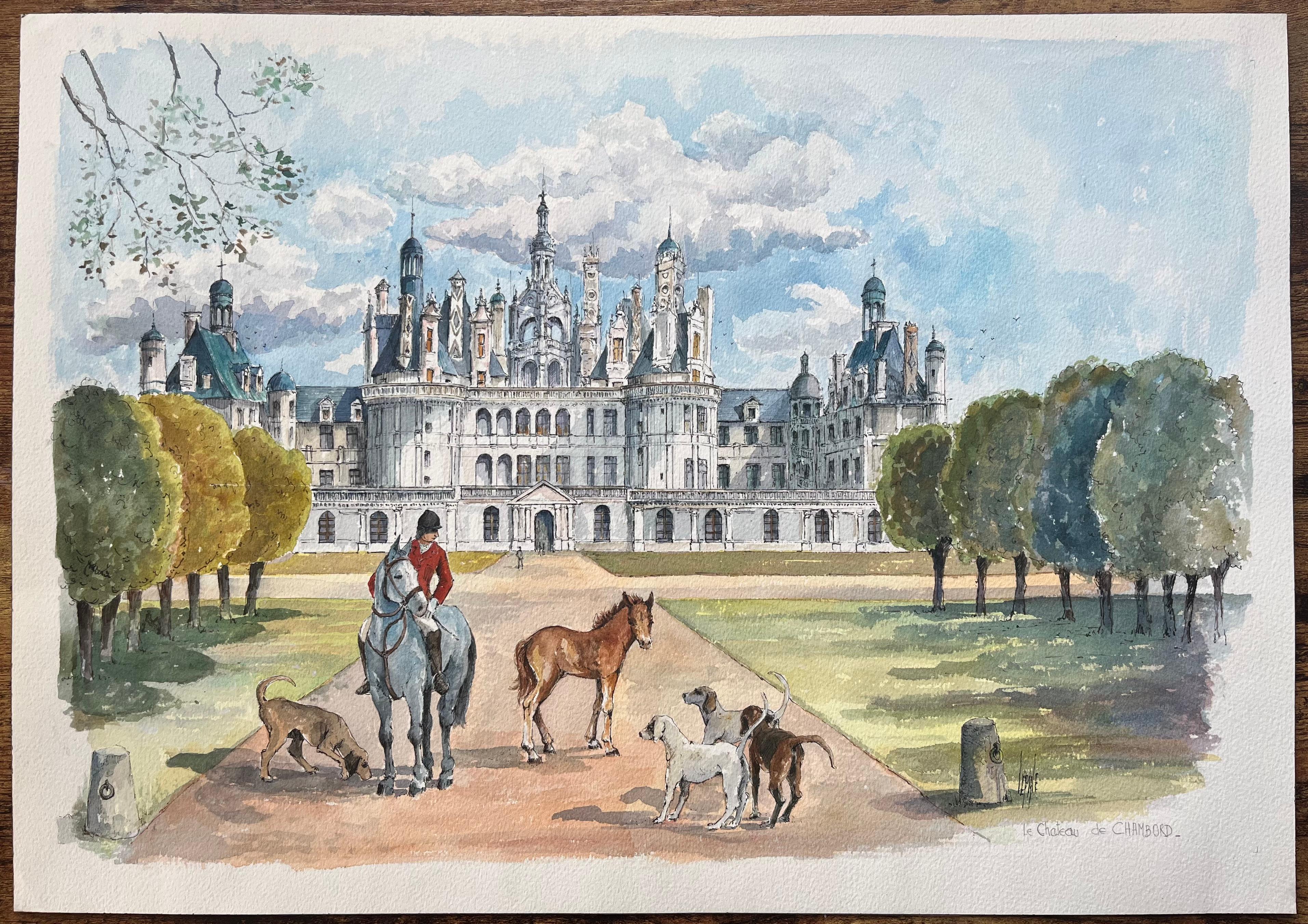 Französisches Aquarell von Château de Chambord mit Jäger, Pferden und Hunden (Französische Schule), Art, von Robert Lepine (1929 - 2017)