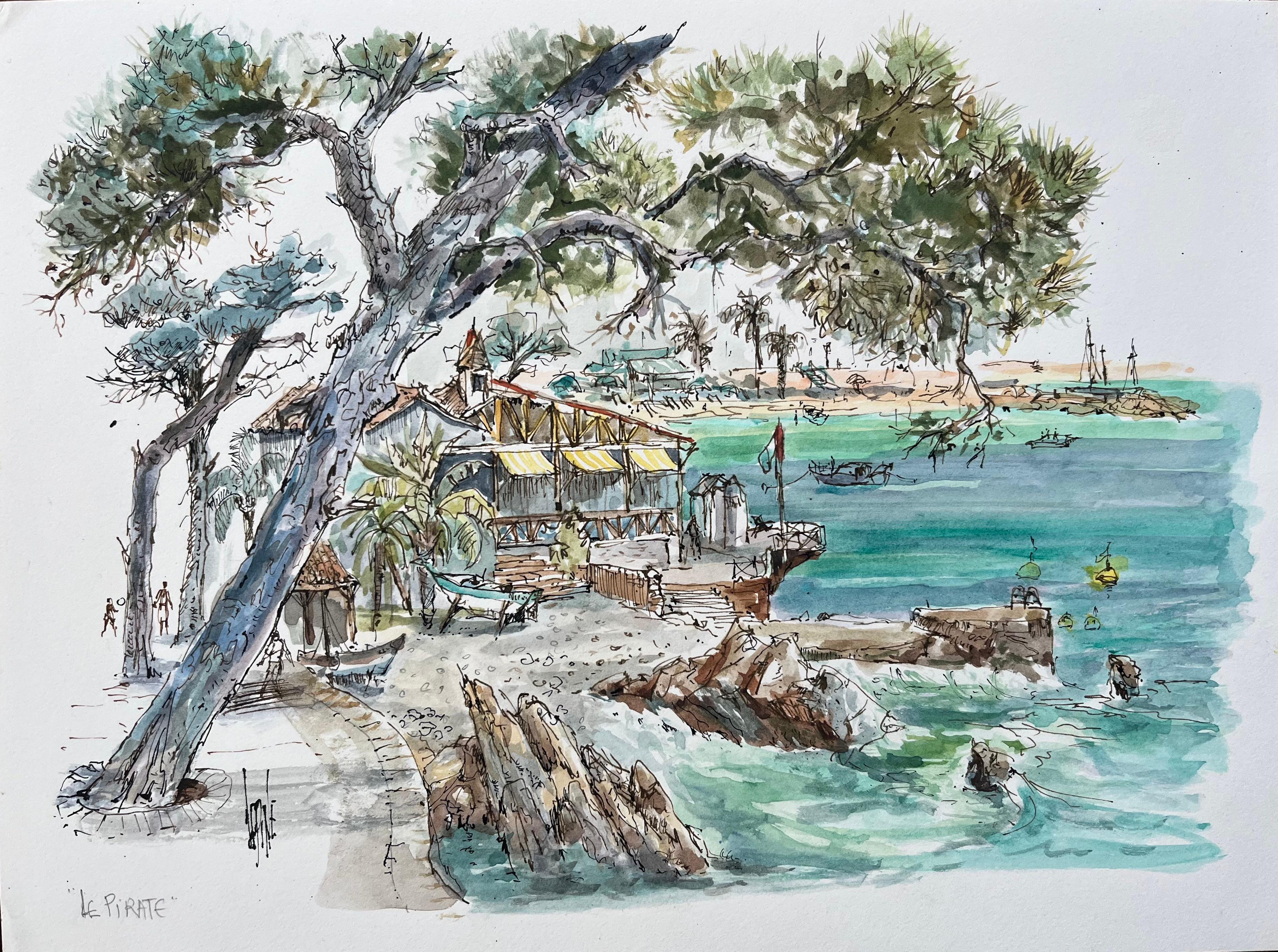 Robert Lepine (1929 - 2017) Landscape Art – Französisches Aquarell von Le Pirate Seaside Restaurant mit Booten und Kiefernholzbäumen, Französisch