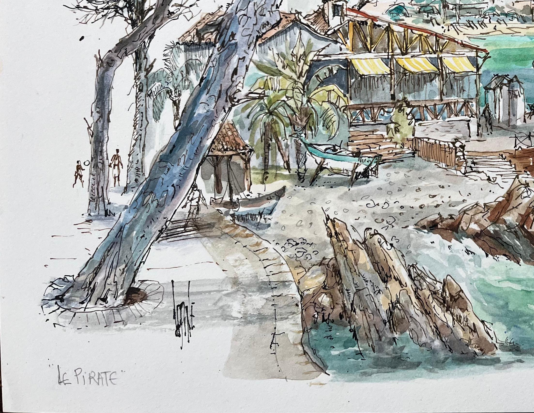 Französisches Aquarell von Le Pirate Seaside Restaurant mit Booten und Kiefernholzbäumen, Französisch (Französische Schule), Art, von Robert Lepine (1929 - 2017)
