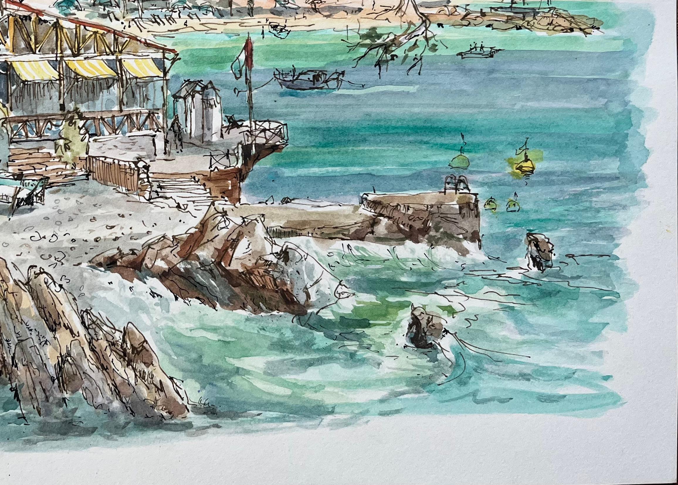 Titel: Französisches Aquarell des Seerestaurants 