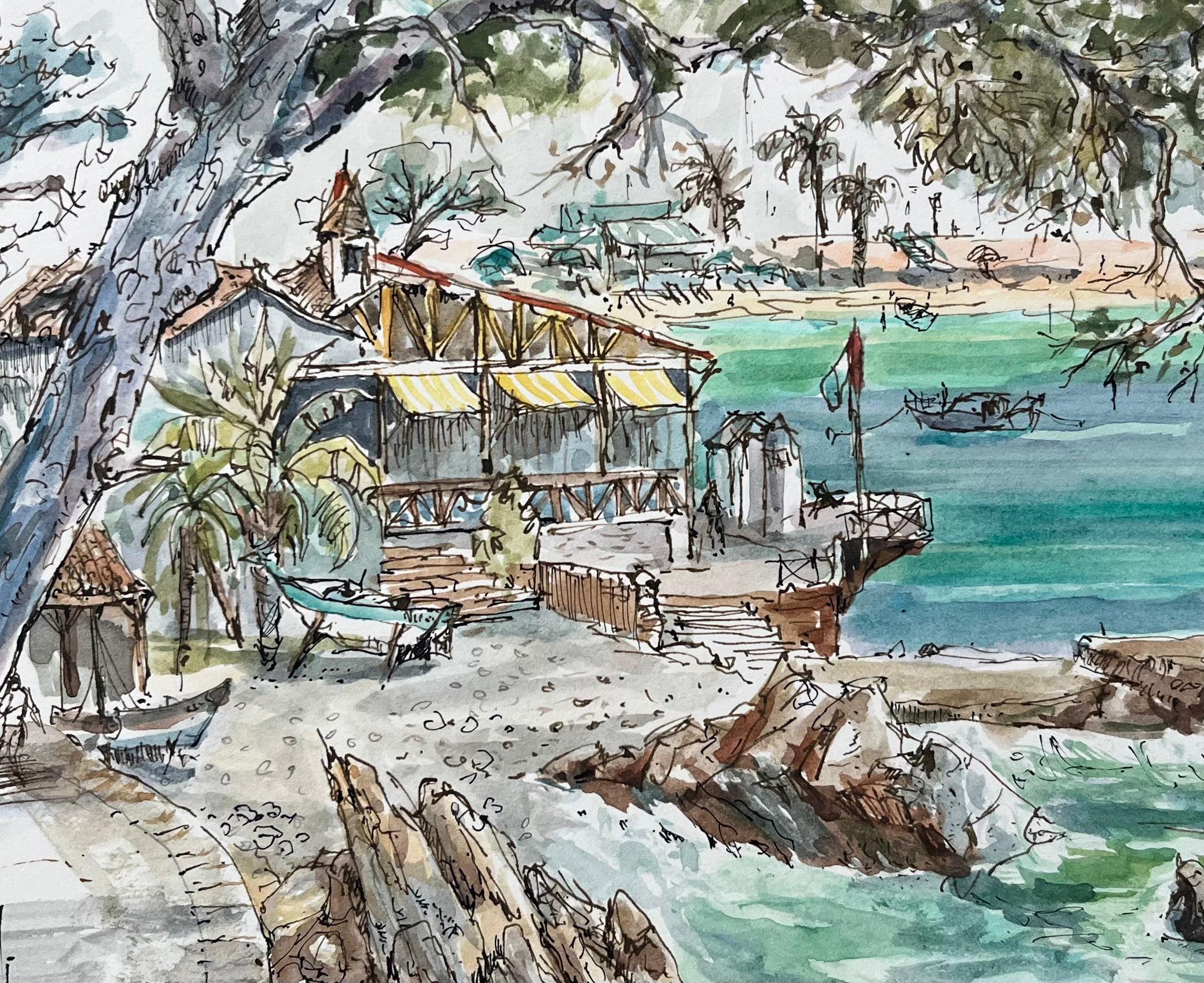 Französisches Aquarell von Le Pirate Seaside Restaurant mit Booten und Kiefernholzbäumen, Französisch im Angebot 2