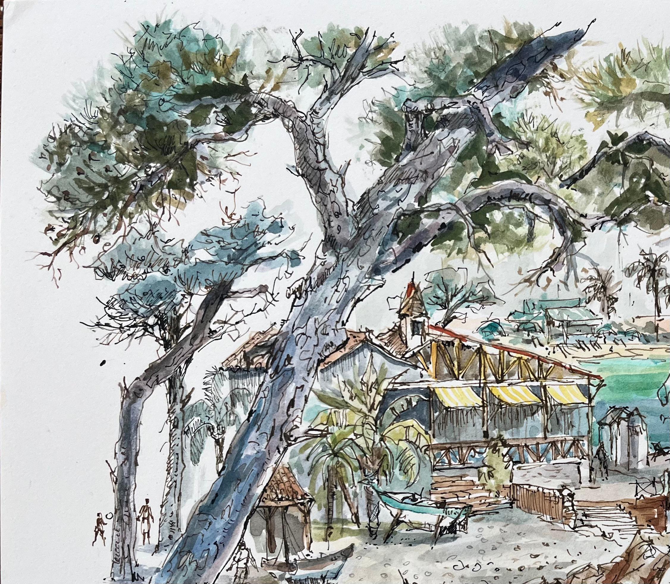 Französisches Aquarell von Le Pirate Seaside Restaurant mit Booten und Kiefernholzbäumen, Französisch (Grau), Landscape Art, von Robert Lepine (1929 - 2017)