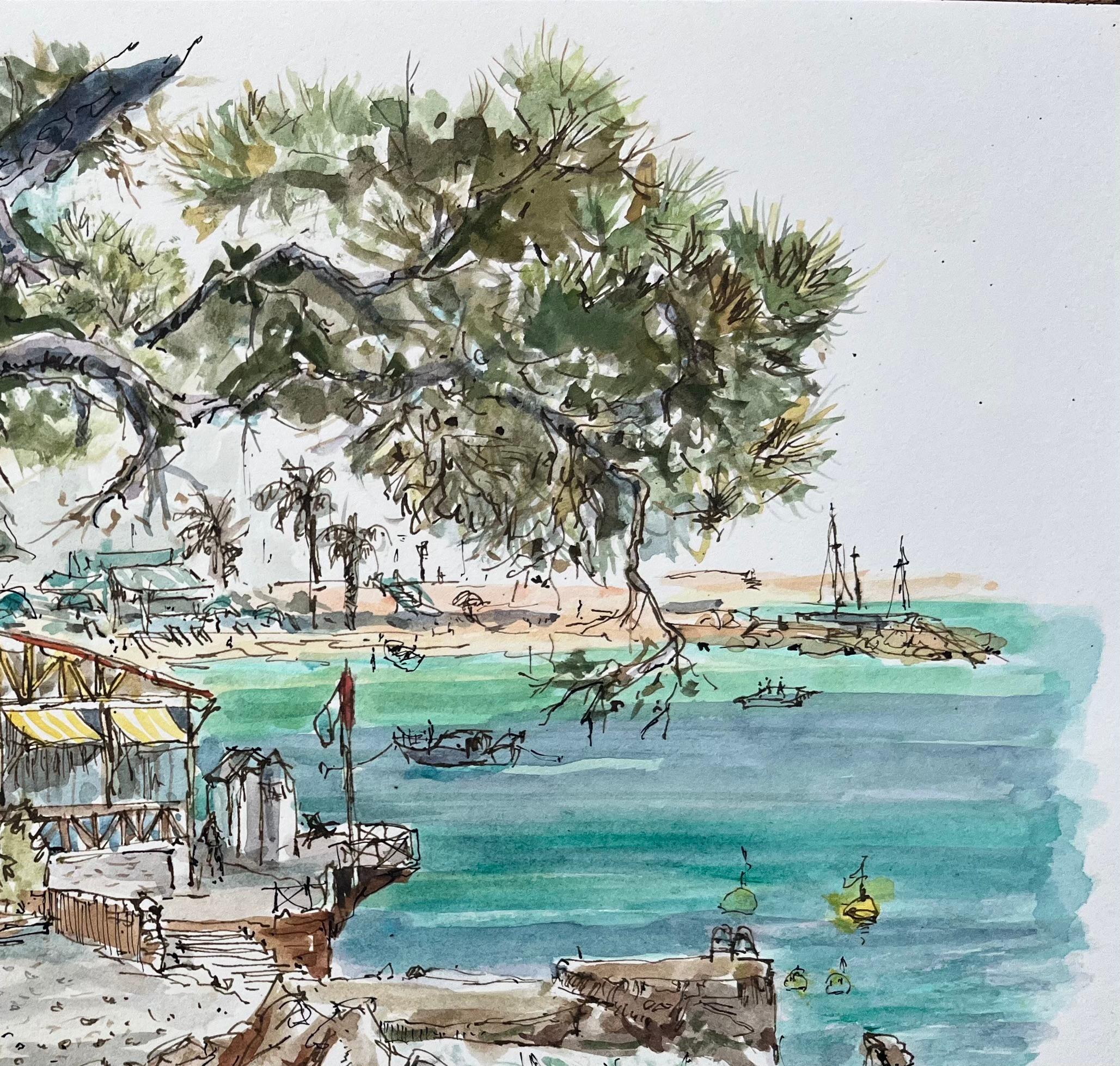 Französisches Aquarell von Le Pirate Seaside Restaurant mit Booten und Kiefernholzbäumen, Französisch im Angebot 3