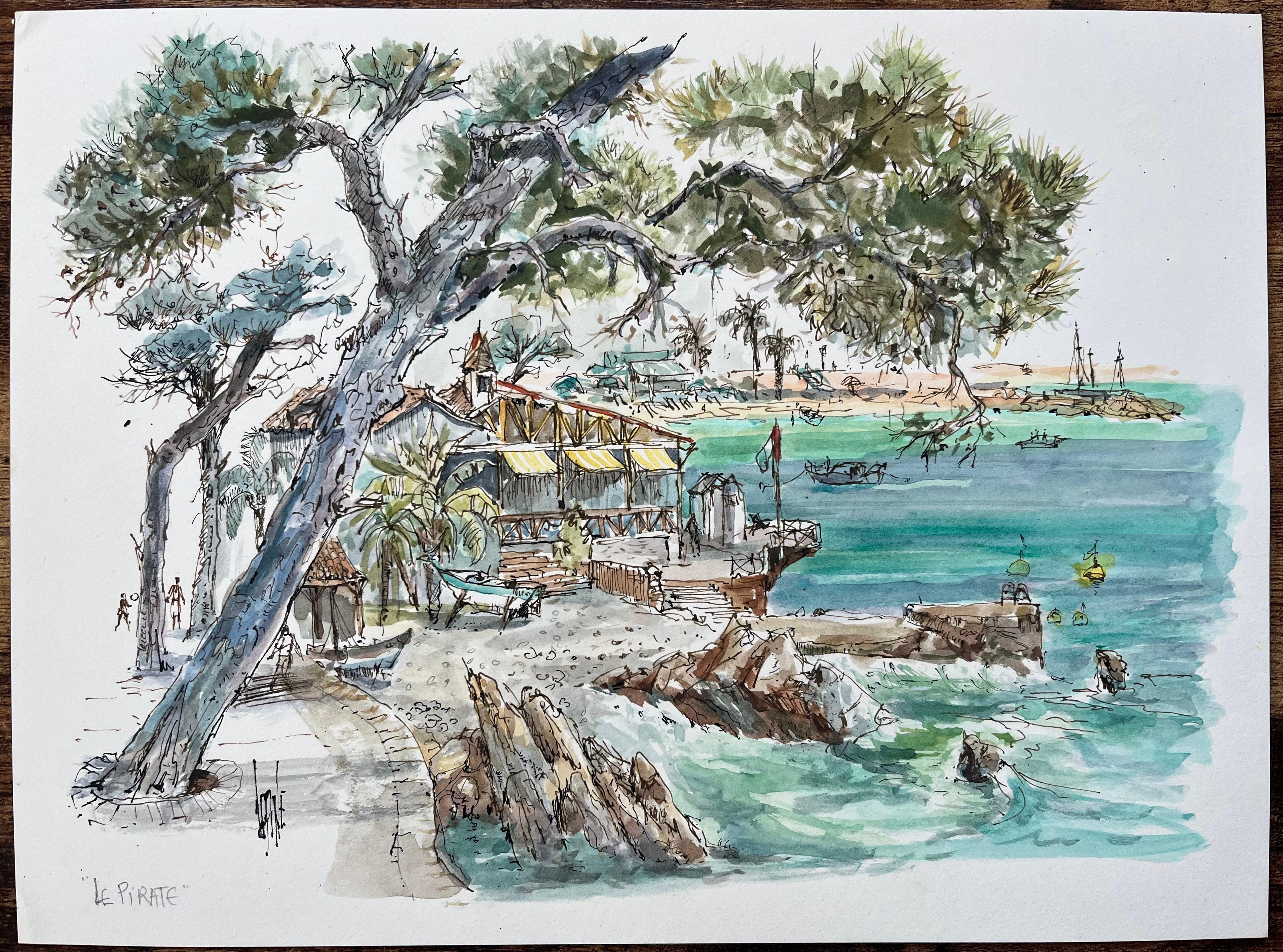 Französisches Aquarell von Le Pirate Seaside Restaurant mit Booten und Kiefernholzbäumen, Französisch – Art von Robert Lepine (1929 - 2017)