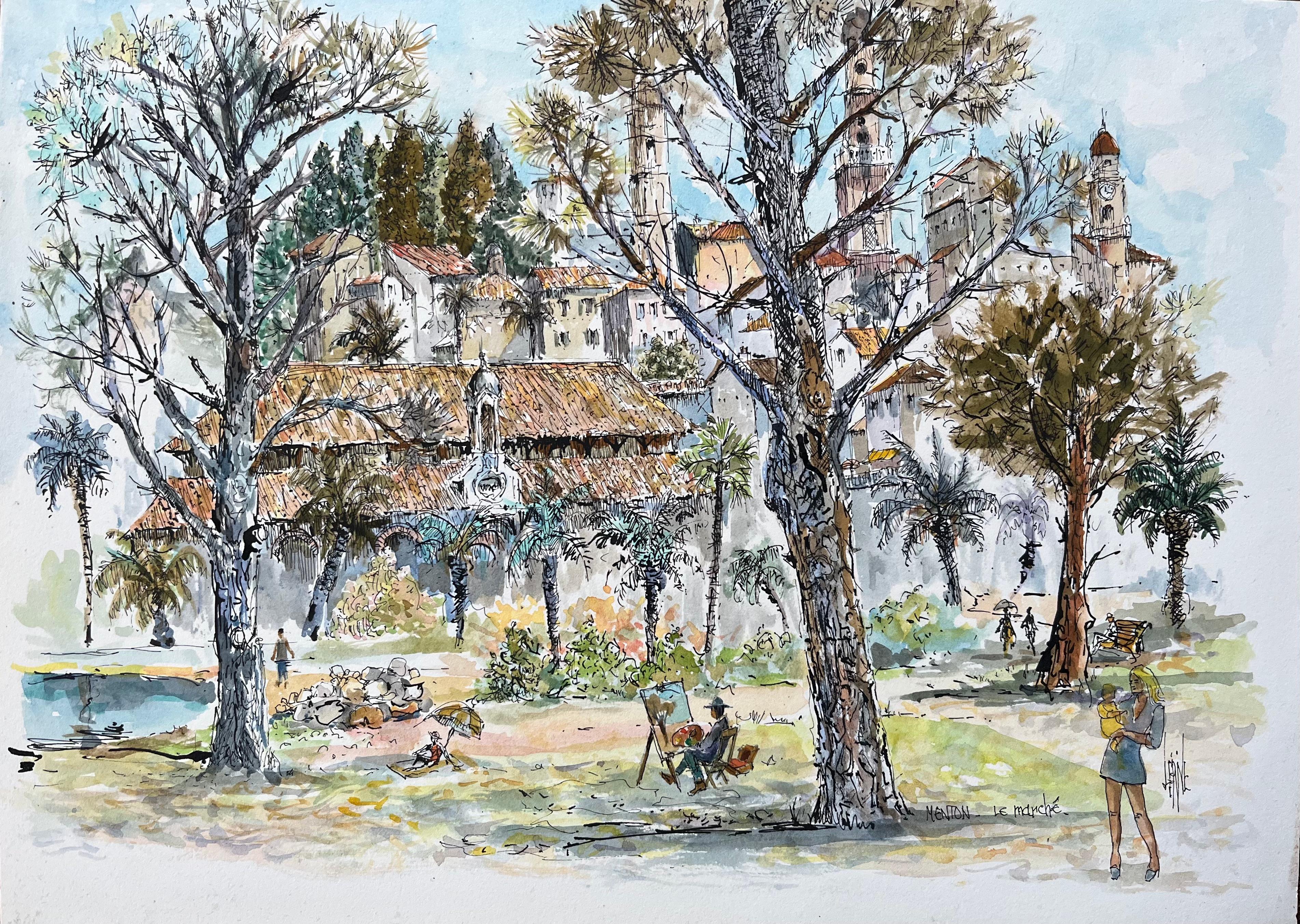 Französisches Aquarell des Menton Market Square mit Künstlern und Bäumen, Französisch