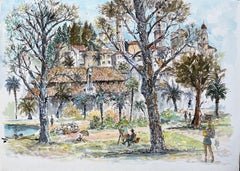 Französisches Aquarell des Menton Market Square mit Künstlern und Bäumen, Französisch