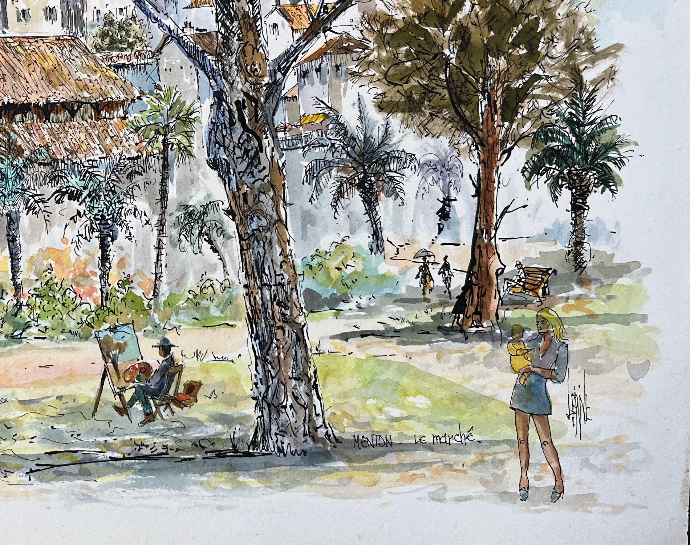 Titolo: Acquerello francese della Piazza del Mercato di Mentone con Artistics e Alberi
di Robert Lepine (francese, 1929 - 2017)
Firmato: Yes One
Medium: Acquerello su carta da artisti, senza cornice
Dimensioni: 10,25 x 14,25 (altezza x