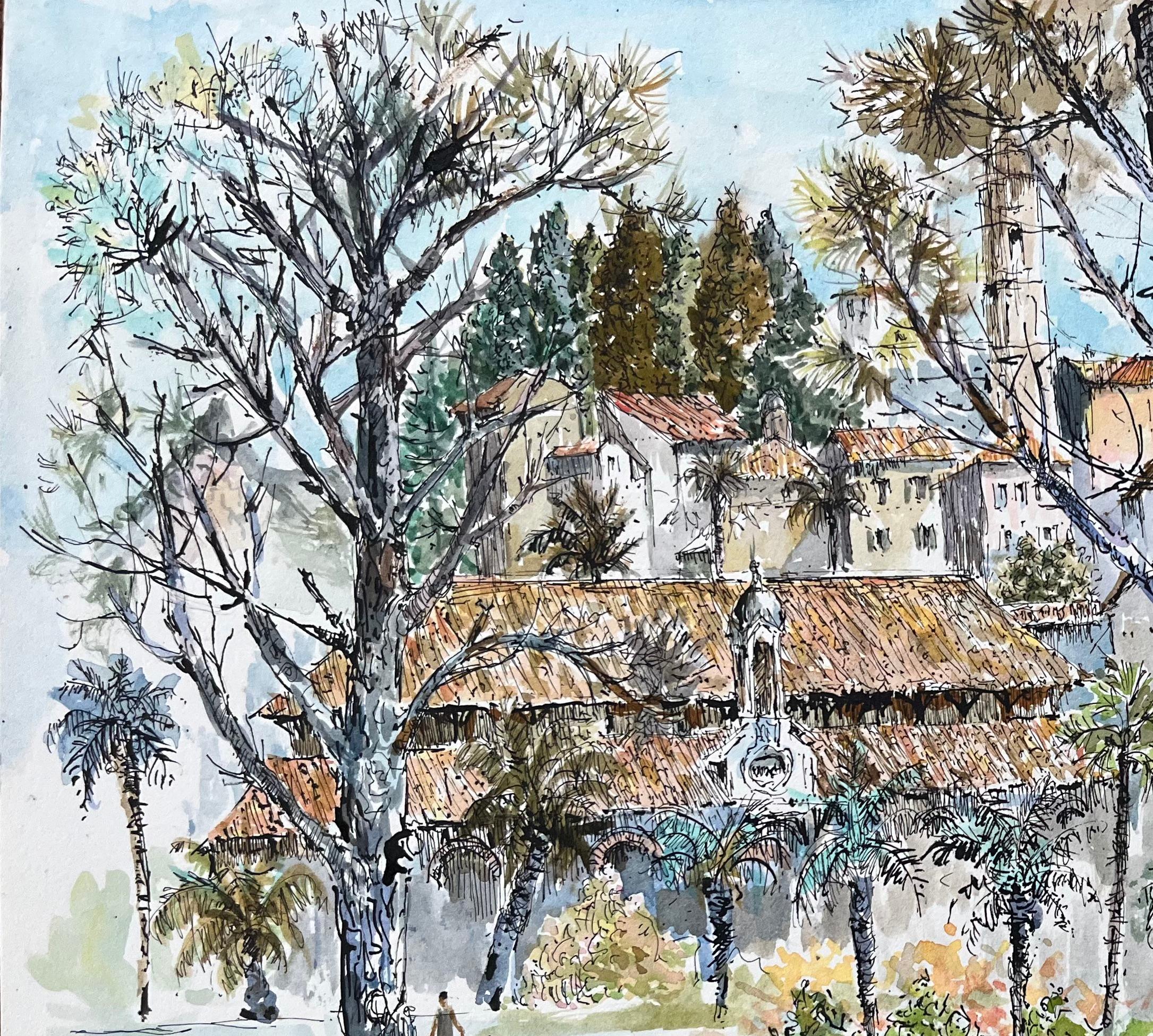 Acquerello francese della piazza del mercato di Mentone con artisti e alberi - Art Scuola francese di Robert Lepine (1929 - 2017)
