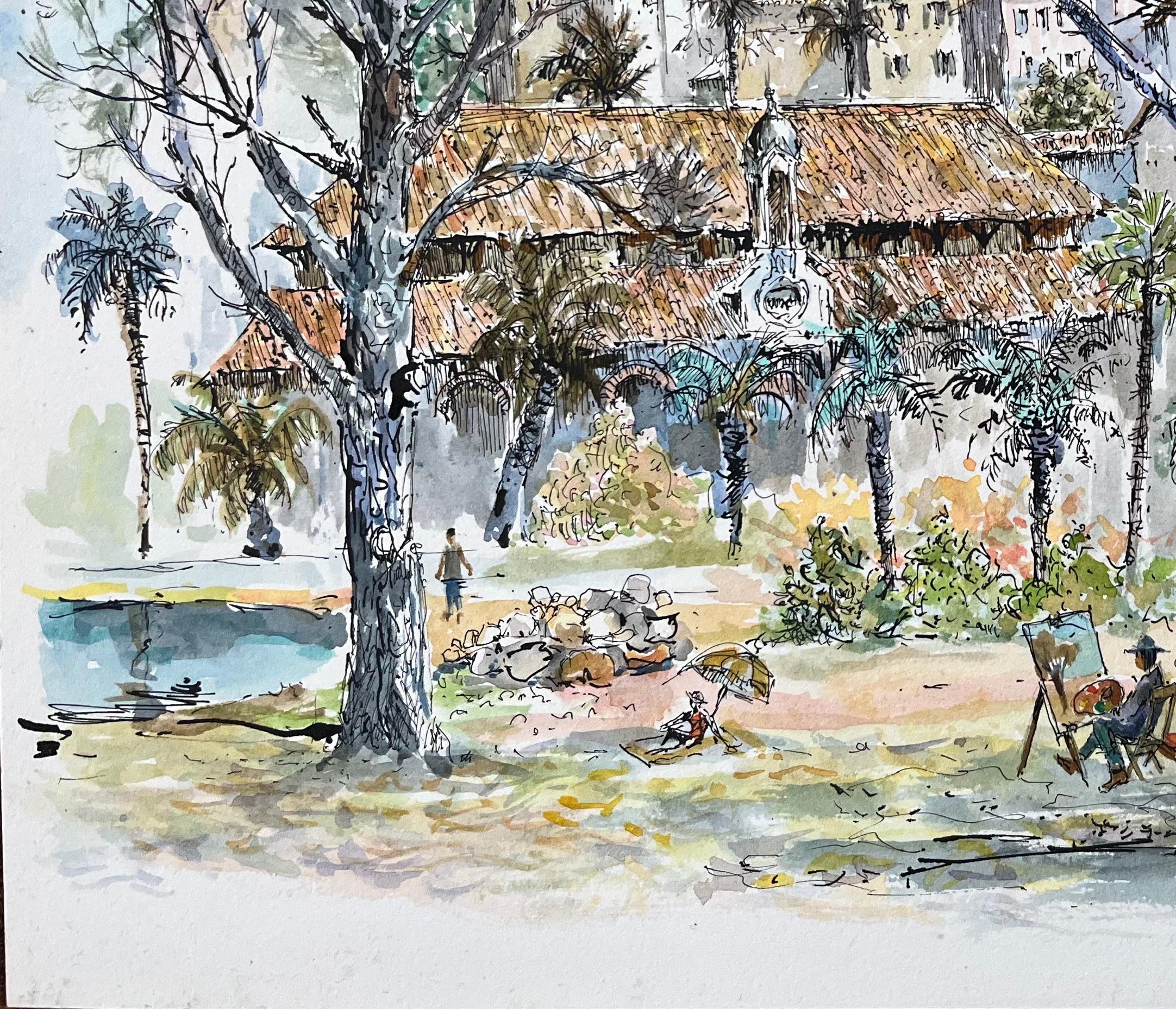 Acquerello francese della piazza del mercato di Mentone con artisti e alberi - Landscape Art Grigio di Robert Lepine (1929 - 2017)