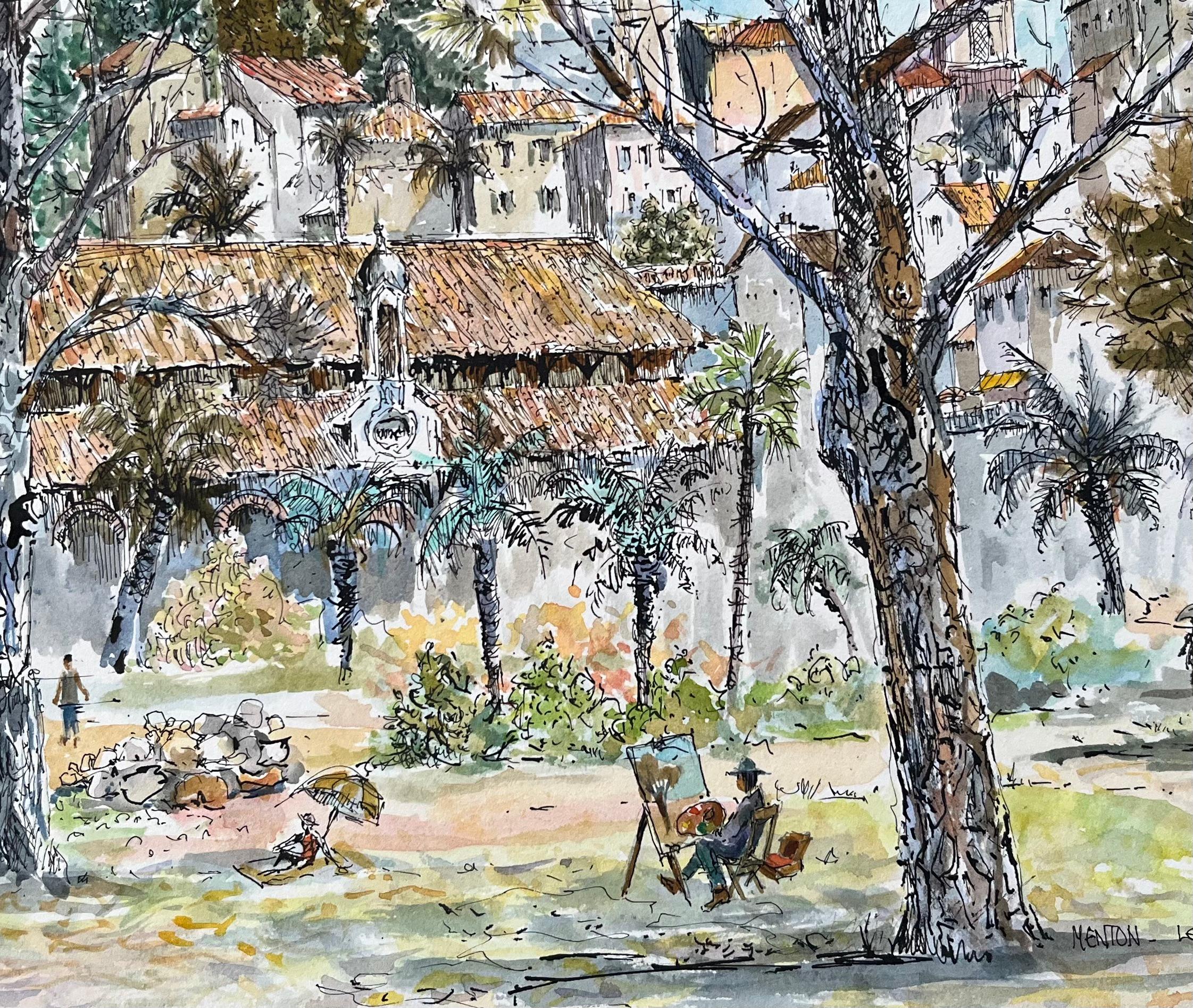 Acquerello francese della piazza del mercato di Mentone con artisti e alberi in vendita 2
