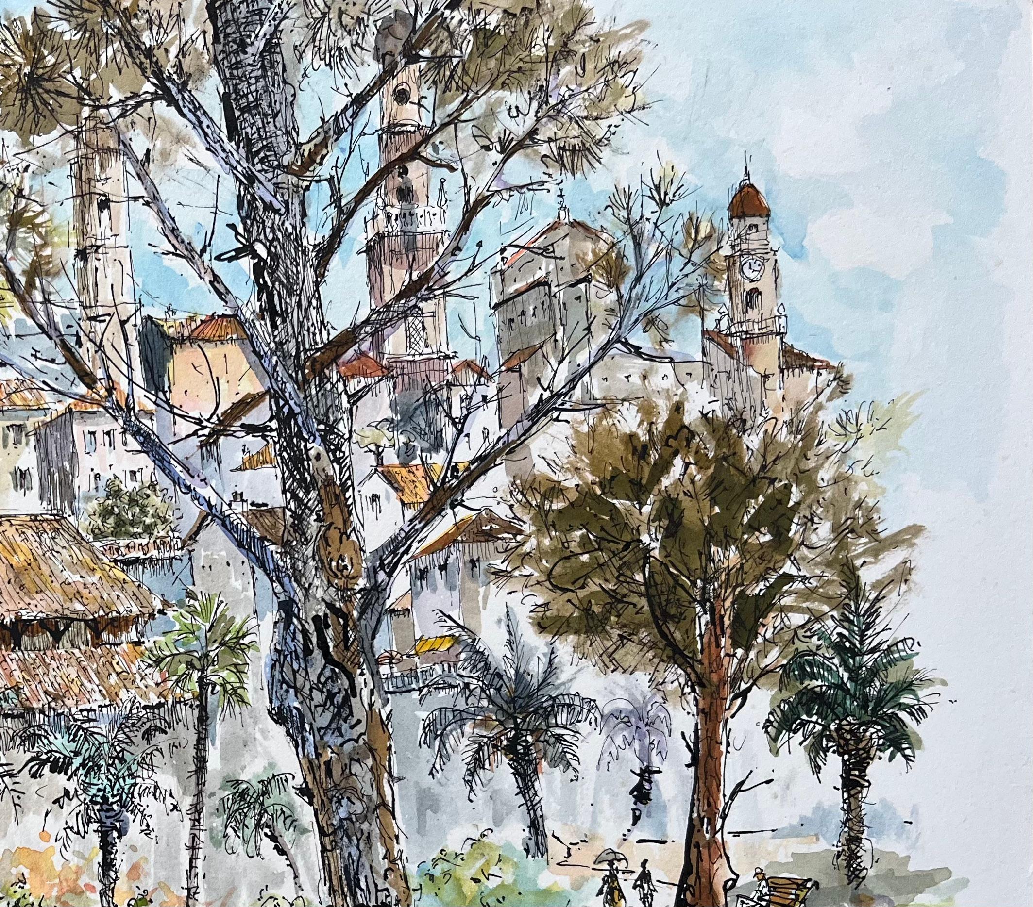 Acquerello francese della piazza del mercato di Mentone con artisti e alberi in vendita 1