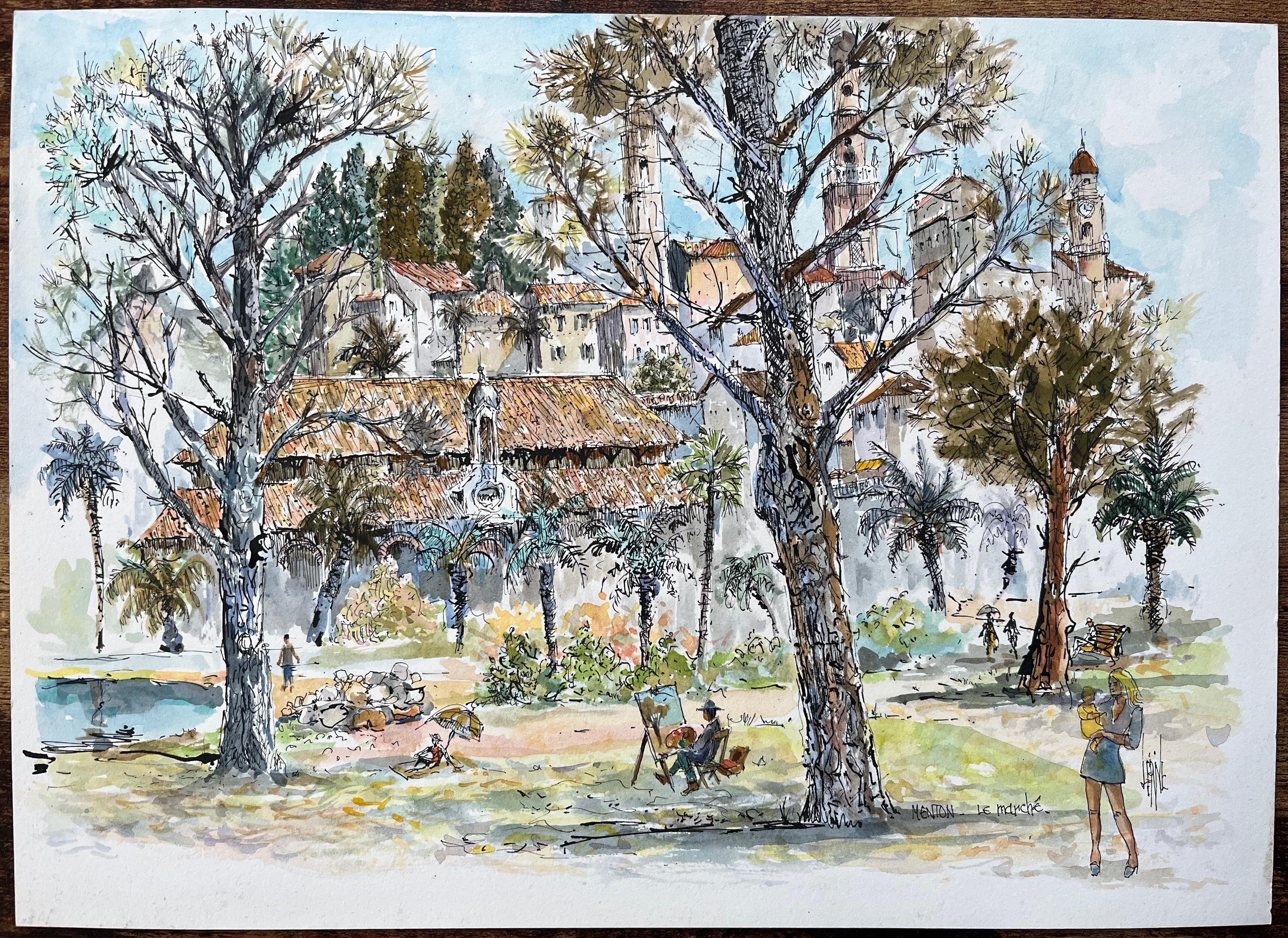 Acquerello francese della piazza del mercato di Mentone con artisti e alberi - Art di Robert Lepine (1929 - 2017)