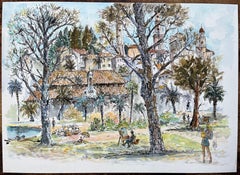 French Watercolor of Menton Market Square with Artists and Trees