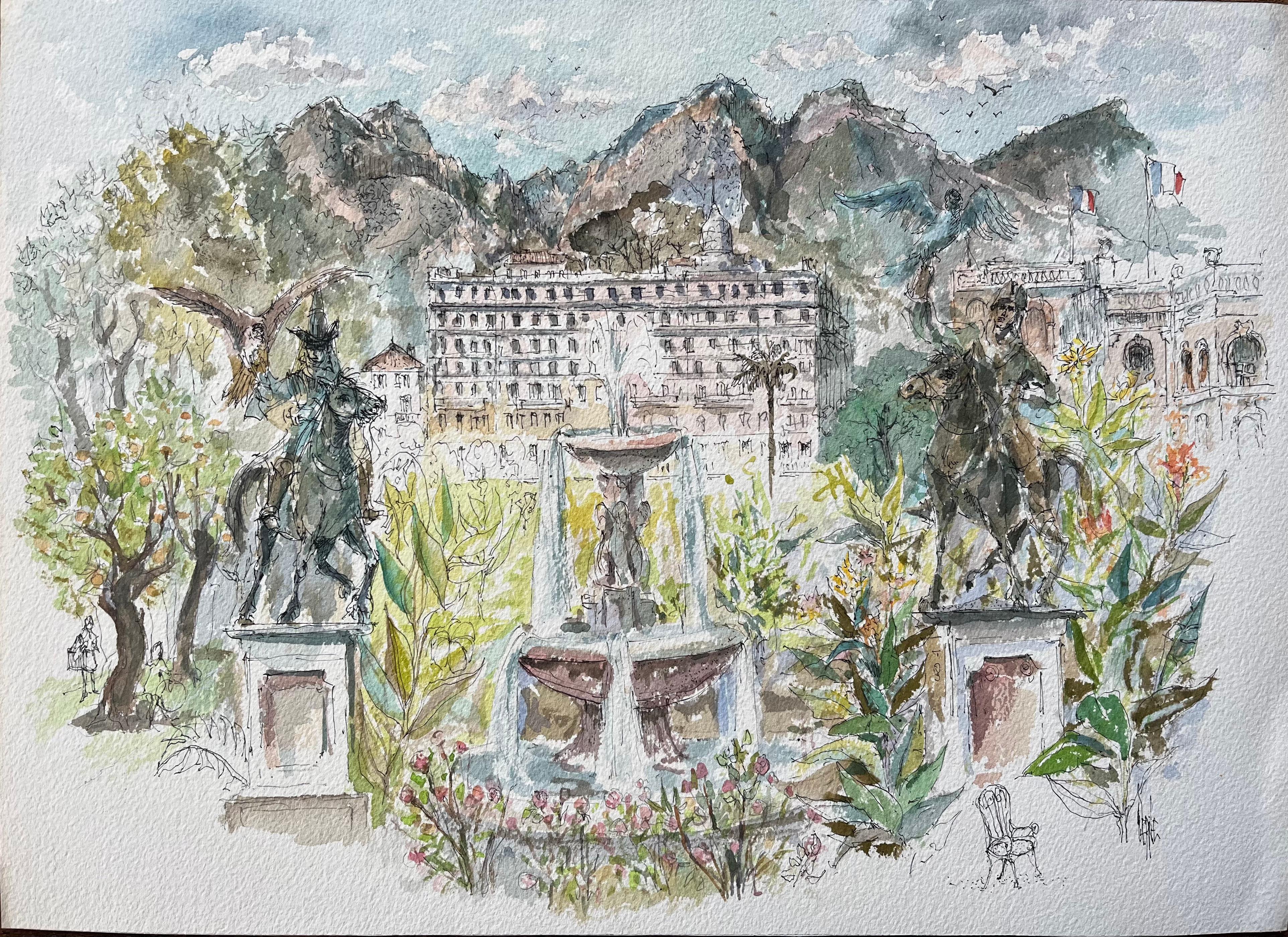 Robert Lepine (1929 - 2017) Landscape Painting - French Watercolor of Monte Carlo Gardens Set Against the Monaco Hills
